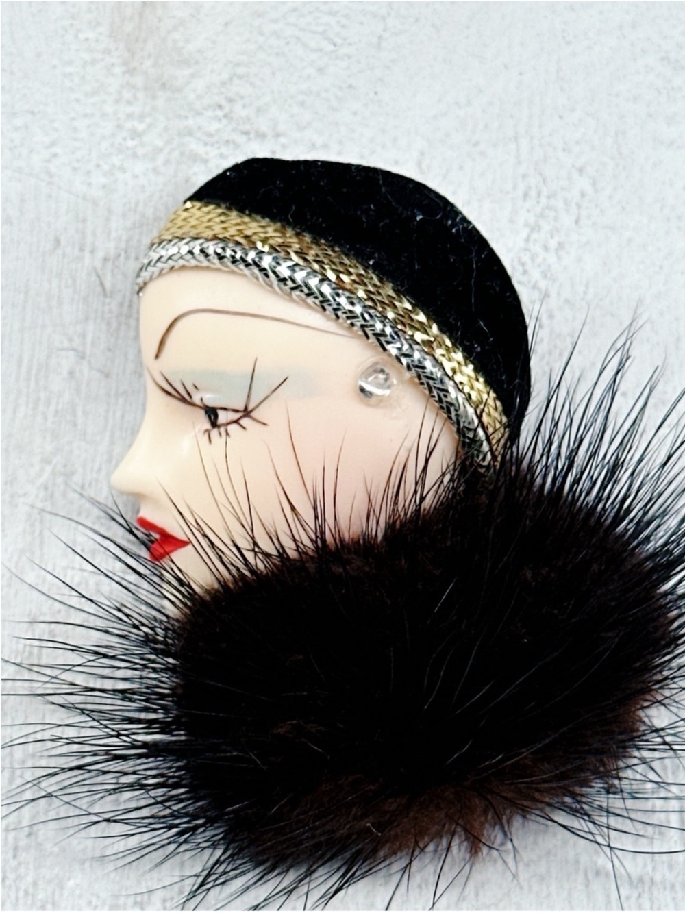 Vintage Brooch Lady w/ Fur Collar with Metallic Trim